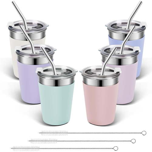 ymmy sam kids stainless steel cups with lids, 12oz spill proof metal tumblers with stainless steel straws, unbreakable toddle cups with full wrapped anti-scald sleeves for hot & cold drinks 6pack