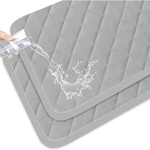 Mini Crib Mattress Protector 2 Pack Waterproof, Quilted Mini Crib Sheets Fitted 38" x 24", Breathable Portable Waterproof Baby Mini Crib Mattress Pad for Boys and Girls, Grey