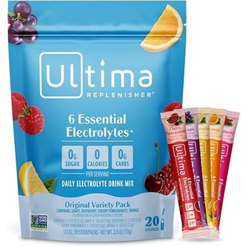 Ultima Replenisher Daily Electrolyte Powder – Original Variety Pack, 20 Stickpacks – Zero Sugar Hydration Packets with 6 Electrolytes and Minerals – Sugar Free, Plant Based & Keto Friendly Drink Mix