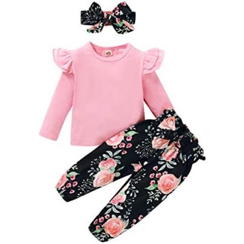 YALLET 3Pcs Toddler Girl Clothes Solid Color Long Sleeves Ruffle Top+Floral Pants+Headband 1-6 Years Fall/Winter Outfits Set