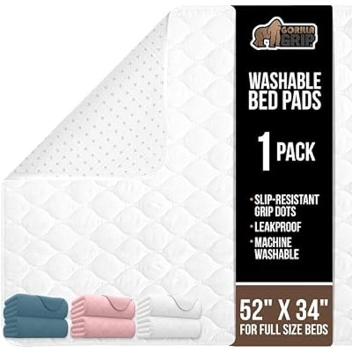 GORILLA GRIP Washable Underpads, Waterproof Reusable Heavy Absorbency Incontinence Bed Pads, Leak Proof Toddler Mattress Pad, 52x34 Slip Resistant Protector for Bedwetting, Adults and Kids, White