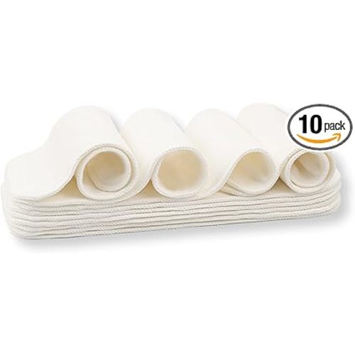 Nora's Nursery 5-Layer Cotton Inserts – 10 Pack with Snaps | Super Absorbent, Reusable & Washable Diaper Liners | Leak-Proof Cloth Diaper Inserts for Overnight Comfort and Protection