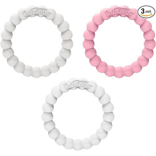 Dr. Brown’s Flexees Beaded Teether Rings, 100% Silicone, Soft & Easy to Hold, Encourages Self-Soothe, 3 Pack, Pink, White, Gray, BPA Free, 3m+