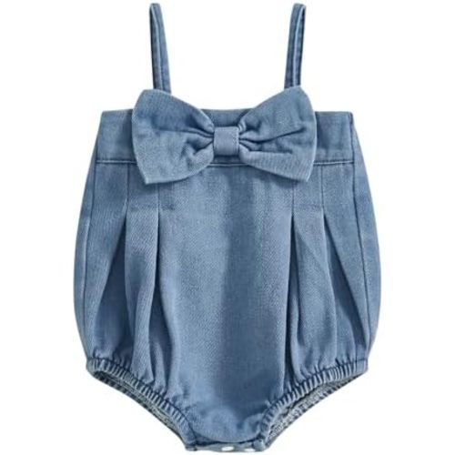 Infant Baby Girl Denim Romper Summer Clothes Bow Front Sleeveless Smocked Bodysuit One Piece Playsuits