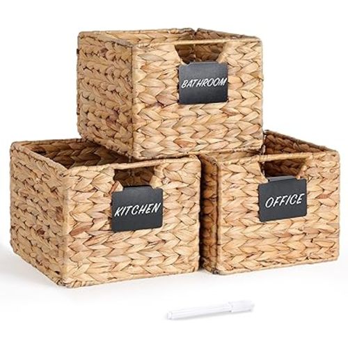 Water Hyacinth Storage Baskets，10.5x9x7.5in Wicker Storage Basket with Labels Set of 3，Pantry Baskets Shelf Organization Baskets Kitchen Storage Baskets Bathroom Shelves Storage Shelf Basket