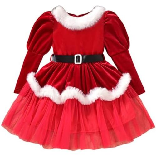 Toddler Baby Girl Christmas Outfit Santa Girl Tulle Dress Bubble Sleeve Tutu Dress Fall Winter Outfit