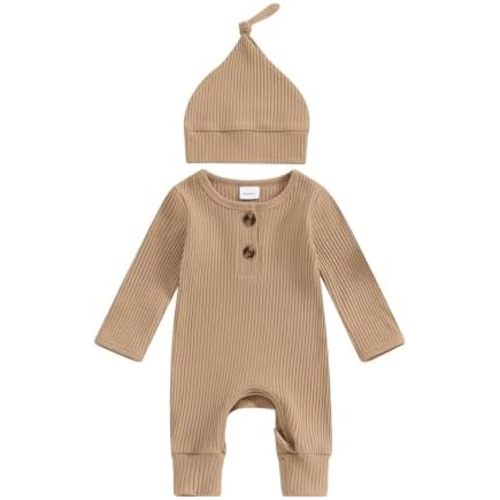 Newborn Baby Boy Girl Clothes Infant Ribbed Romper Solid Long Sleeve Knit Bodysuit Jumpsuit Hat Coming Home Outfit
