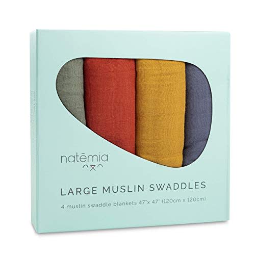 Natemia Baby Muslin Swaddle Blankets - Soft and Breathable Swaddles for Newborns, Boy and Girl, 47" x 47", 4-Pack