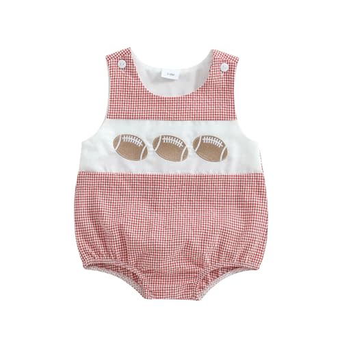 Licupiee Infant Boy Girl Football Romper Newborn Baby Plaid Print Sleeveless Rompers Embroidery Golf Smocked Bodysuit Tops