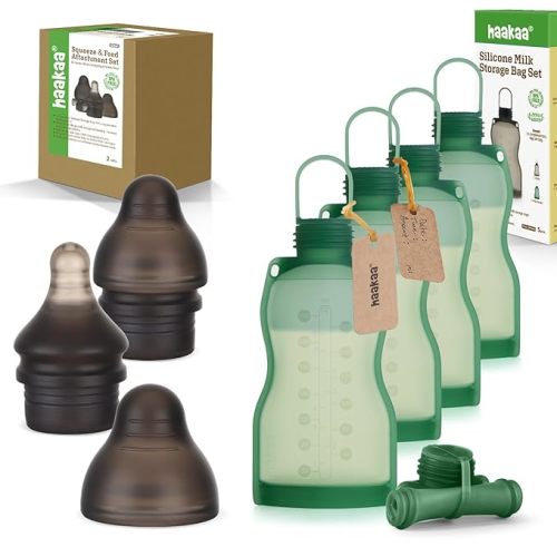 haakaa Squeeze & Feed Attachment & Silicone Breast Milk Storage Bag Set - Squeezable on-The-go Feeding Pouch