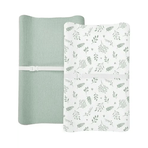 Changing Pad Cover for Baby Boy Girl 2 Pack, Muslin Changing Table Pad Covers with Boho Style, Neutral Nursery Bedding Essentials Soft and Breathable (Fern - Leaf & Sage)