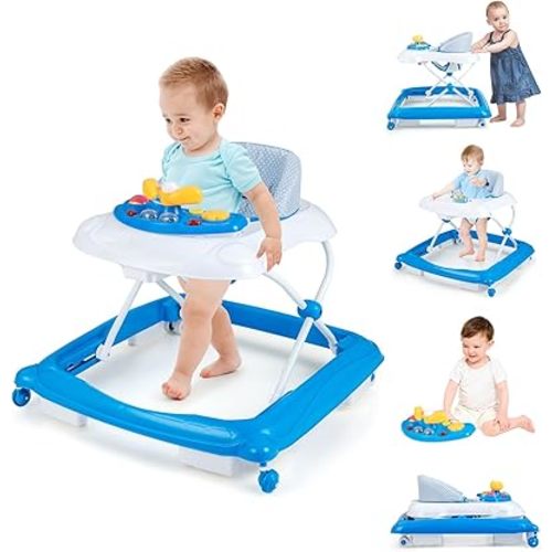 BABY JOY Baby Walker, 4 in 1 Foldable Activity Walker with Adjustable Height, Music, Lights, Anti-Rollover Toddler Push Walker, Baby Walker with Wheels for Boys Girls 7-14 Months (Blue)