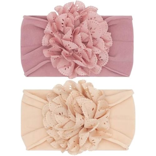 Baby Bling Bows Newborn to Little Girls Hair Bow - EYELET FLOWER HEADBANDS Toddlers Hair Accessories, Made in the USA, One Size (2 Pack Mauve & Petal)