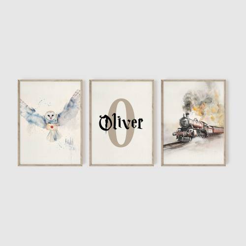Personalized Name Print, Wizard Neutral Nursery Set of 3, Wizarding School Nursery, Fan Nursery, Baby Gift, Gender Neutral, Wizard School