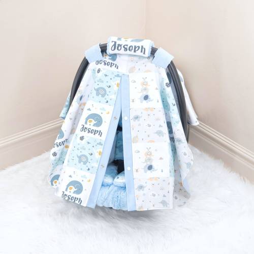 Baby Blue Elephants Baby Boy Car Seat Cover Canopy - Personalized Printed Name - Gift for Newborn Infant - Solid Baby Blue
