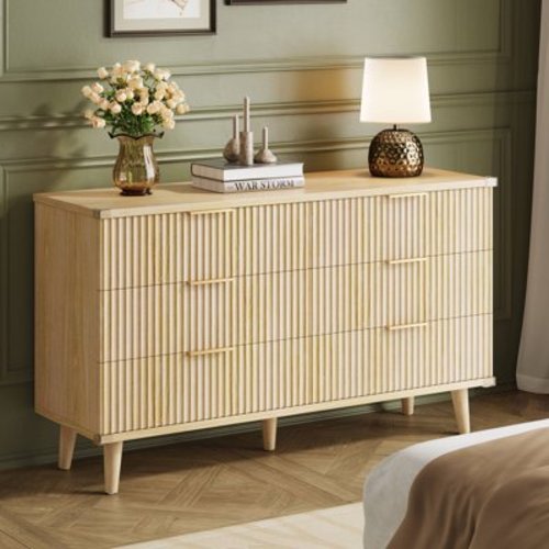 GIKPAL Dressers for Bedroom 6 Drawer, Wood Chest of Double Drawers Dressers, Modern Boho Fluted Storage Cabinet with Metal Handles, for Living Room, Natural
