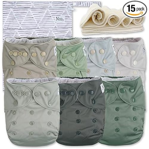 Nora's Nursery Morning Dew Cloth Diapers 7 Pack with 7 Inserts & 1 Wet Bag - Waterproof Cover, Washable, Reusable & One Size Adjustable Pocket Diapers for Newborns and Toddlers
