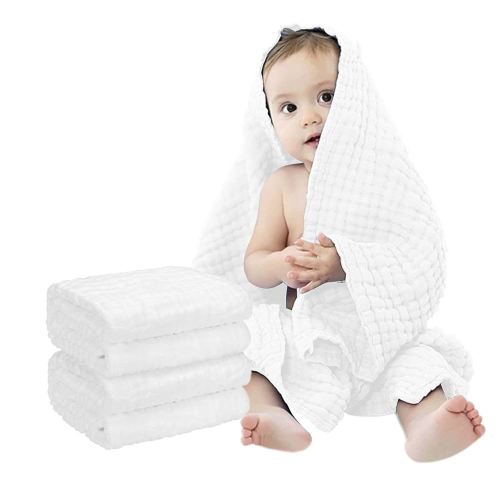 FOOK FISH Muslin Baby Towel Super Soft and Absorbent Cotton Baby Bath Towels 2 Pack 6 Layers Infant Newborn Blanket Toddler and Kids Large 40 x 40inches (White)