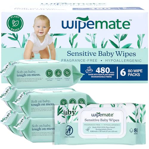 Wipemate EWG-Verified Premium Baby Wipes, 99% Water-Based, Plastic-Free, Ultra-Soft Plant-Based Wipe, Chlorine/Alcohol-Free, pH-Balanced, Hypoallergenic Cruelty-Free with Durable Flip-Top Lid 480-Ct