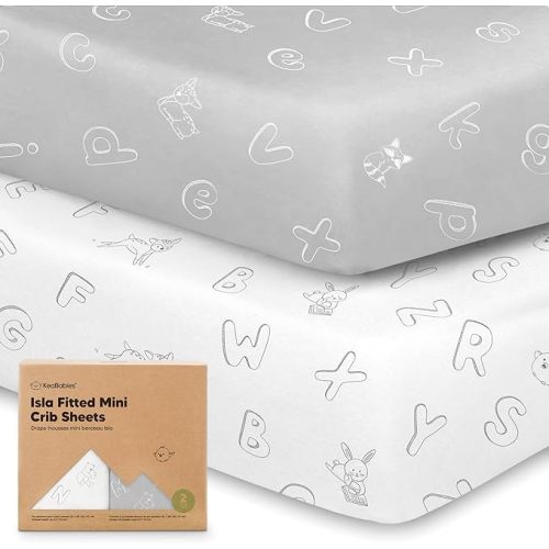 Pack and Play Sheets Fitted - 2-Pack Mini Crib Sheets for Pack N Play Mattress, Soft & Cozy, Neutral Toddler Playard Bedding, Snug Fitted Mini Baby Crib Mattress Cover Set for Boys, Girls (ABC Land)