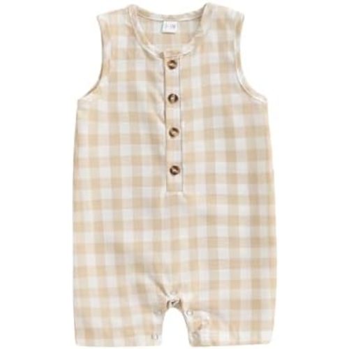 Infant Baby Boys Summer Cotton Linen Romper Sleeveless Plaid Solid Button Up Jumpsuit Overalls One Piece Outfits