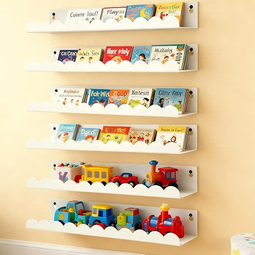 FESTLOVE Nursery Book Shelves Set of 6, White Metal Floating Shelves for Wall, 16 Inch Scalloped Book Shelf for Kids Room, Bathroom, Bedroom, Playroom Wall Decor & Storage