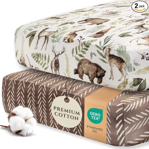 Pobibaby - 2 Pack Premium Fitted Baby Boy Crib Sheets for Standard Crib Mattress - Ultra-Soft Cotton Blend, Safe and Snug, and Stylish Woodland Crib Sheet (Wildlife)