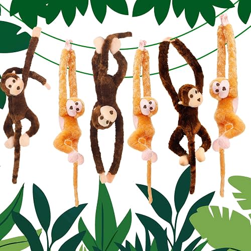 Hungdao 6 Packs Hanging Monkey Stuffed Jungle Animal Toy with Hook and Loop Jungle Party Hanging Plush Monkey for VBS Sunday School Classroom Party Decorations (24 Inch,Multicolor)