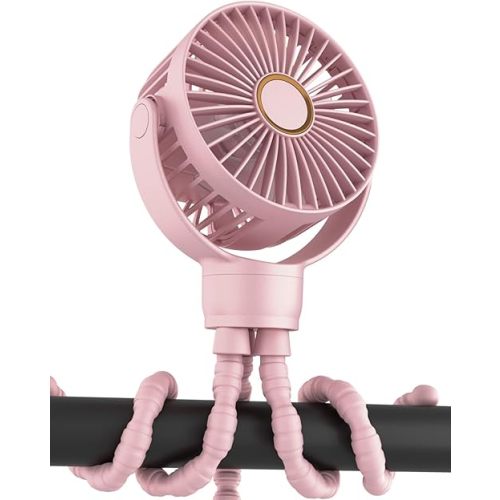 Portable Stroller Mini Fan, Small Rechargeable Personal Cooler w/ 360° Rotation, 3-Speed, Battery Powered Stroller Accessories, Baby Essentials for Car Seat, Crib, Bike, Treadmill, Pink