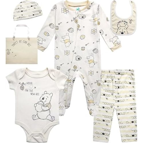 Disney Newborn Baby Girl Boy Clothes - 7 Piece Mickey Mouse Winnie the Pooh Bib Onesie Overall Beanie Pants Gift Bag Gift Set
