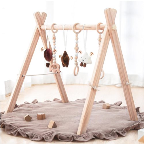 Razee Wooden Baby Play Gym Play Mat, Foldable Baby Gym with 6 Hanging Sensory Toys for Newborn Shower Gift