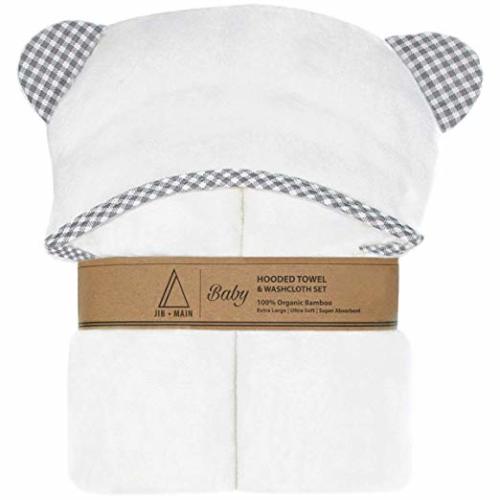 Organic Hooded Baby Towel Set - Large, Soft, Bamboo Bath Towels for Babies, Toddlers - Face Cloth Included - Perfect Baby Shower Gift for Girls and Boys - White with Grey Trim