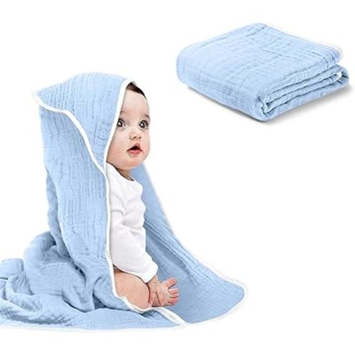 Baby Hooded Towels for Babies and Toddlers, Muslin Baby Bath Towel Soft and Absorbency for Boys (Blue 1 Pack)