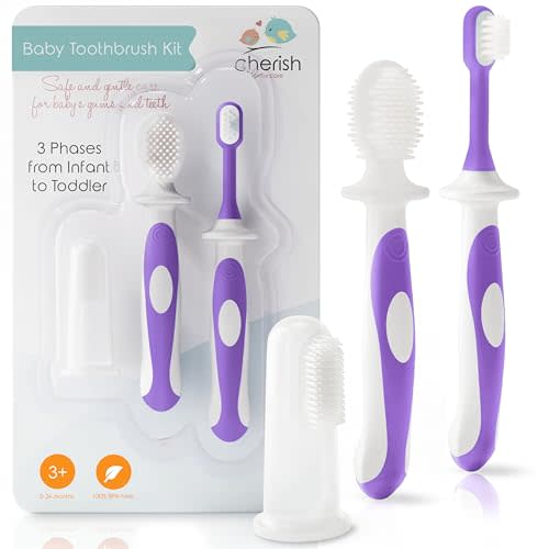 Cherish Baby Care Award-Winning Baby Toothbrush Set (3-24 Months) - 3-Pack Baby Finger Toothbrush, Training Toothbrush & Toddler Toothbrush - BPA-Free Baby First Toothbrush Set (Purple)