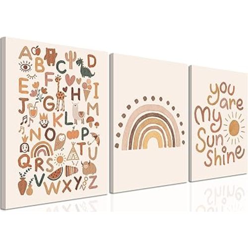 Boho Baby Nursery Wall Art Set of 3, You Are My Sunshine Wall Decor Paintings, Baby Girl Room Decor, Cute Watercolor Kids Rainbow Alphabet Poster Canvas Prints Picture 12x16 inch Framed