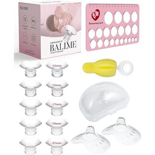 Flange Sizing Kit, 10PCS Flange Inserts 13/15/17/19/21mm for 24mm Flange of Most Breast Pump, Nipple Measurement Card,Nipple Shield, Cleaning Brush, Compatible with Momcozy Medela Spectra