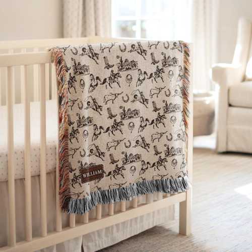 Western Blanket with Name Personalized Ranch Woven Cotton Blanket For Children Little Backaroo Crib Quilt Vintage Cowboy Throw
