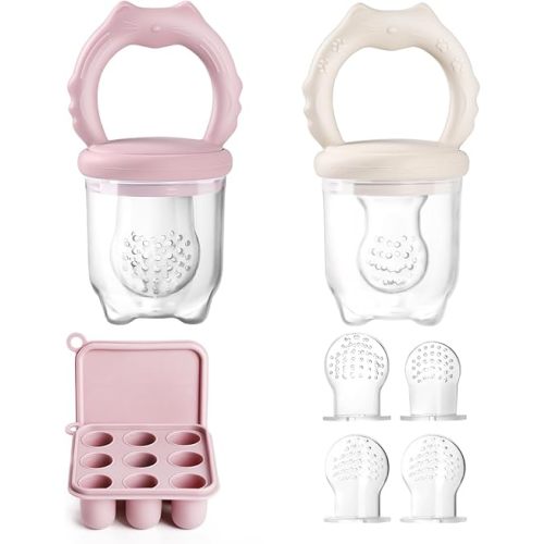 2 Silicone Baby Food Feeders & 1 Baby Food Freezer Tray & 4 Extra Pouches- Safe Introduction to New Foods, Frozen Milk & Puree - Ideal for Infants and Toddlers (Ice Cream Pink)