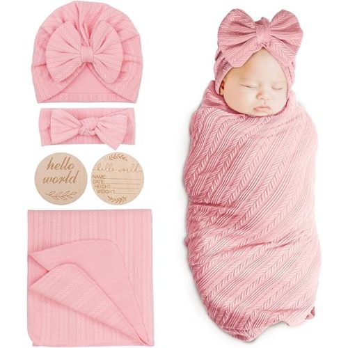 DRESHOW BQUBO Baby Swaddle Blankets for Girls, 4PCS Newborn Accessories Set with Hat and Bow Headband with Hello World Wooden Birth Announcement Card, Baby Blankets for Girls (Pink)