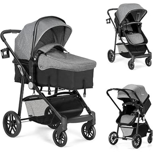 BABY JOY Baby Stroller, 2 in 1 Convertible Carriage Bassinet to Stroller, Pushchair with Foot Cover, Cup Holder, Large Storage Space, Wheels Suspension, 5-Point Harness (Gray)