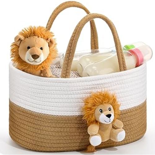 Lion Baby Diaper Caddy Organizer Cotton Rope Nursery Storage Bin Basket Baby Shower Basket Gift Portable Holder Tote Bag with Handle for Changing Table Car Travel Registry Gift