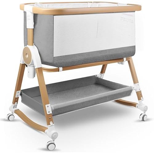 4 in 1 Baby Bassinet, Bassinets Bedside Sleeper with Wheels and Storage Basket, Adjustable 7 Heights Bedside Sleeper with Mosquito Net, Breathable Mesh Rocking Bassinet for Baby (Grey)