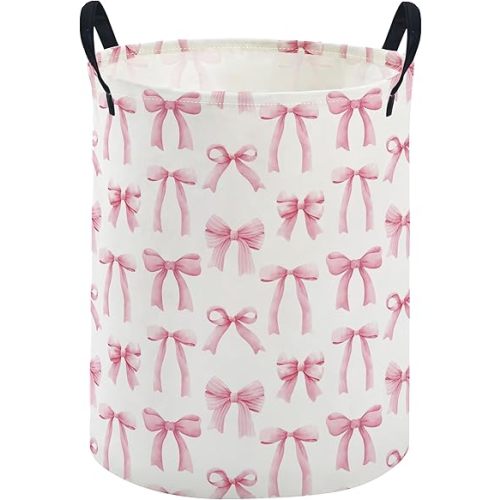 ESSME Kids Laundry Basket,Pink Hamper Collapsible Canvas Waterproof Storage Bin for Girls, Cute Hamper,Gift Baskets(Bowknot)