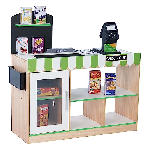 Teamson Kids Cashier Austin Interactive Wooden Play Market Stand with Lights and Sounds, Manual Conveyor Belt, Register and Display Spaces, Green and White Décor on Natural Wood