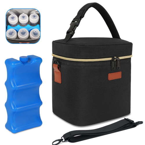 Breast Milk Cooler Travel Bag, Breastmilk Cooler Bag With Ice Pack - Fits 6 Baby Bottles Up To 9oz, Insulated, On-The-Go With Strap, Black - For Nursing Moms, Daycare
