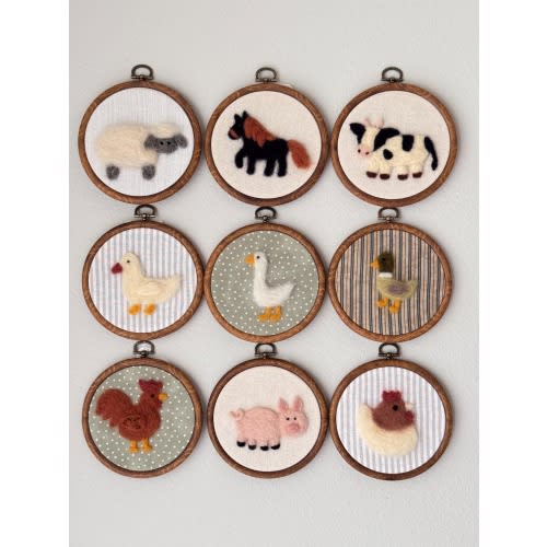 Custom Farm Animal Hoop Set – Choose 3 Felted Animals & Background Fabric – Handmade Wool Nursery Wall Art – Rustic Baby Shower Gift