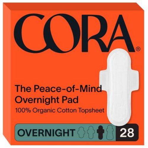 Cora Organic Cotton Ultra Thin Overnight Fragrance Free Pads with Wings for Periods - Overnight Absorbency - 28ct