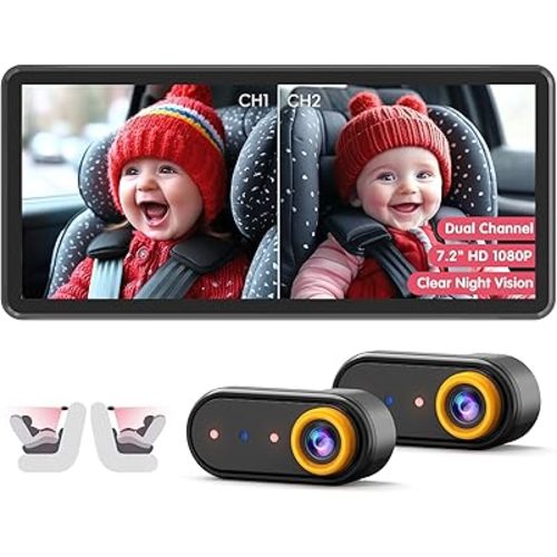 BM5 PRO Baby Car Camera for 2 Kids, 7.2" 1080P Dual Channel Display for Car Seat, Easy Installation with 2 IR Night Vision Cameras, Rear Seat Safety for Babies and Pets