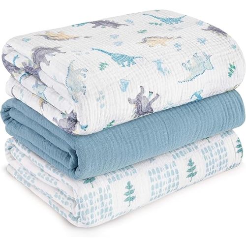 Muslin Swaddle Blankets for Newborn, 3 Pack Breathable Soft Receiving Blanket, Large 38 x 40 inches Swaddle Wrap Burping Clothes Diapers, Essentials Infant Shower Items, Toddler Gift (Blue Dinosaur)