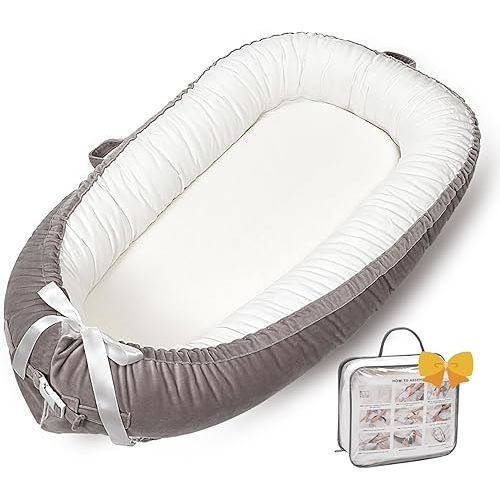 Baby Lounger-Breathable Co-Sleeping and Soft Organic 100% Cotton Baby Lounger, Portable Infant Lounger with Removable Lounger Cover, Baby Nest Lounger for Newborn 0-24 Months-Grey White